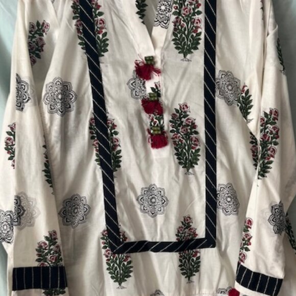 Sapphire Size Large Block Printed Tunic Kurta white red green Mughal print 12 14 - Picture 3 of 15